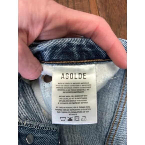 Agolde 90s High Rise Straight Jean Medium Indigo Knee Destruction Size 25 - Picture 8 of 13